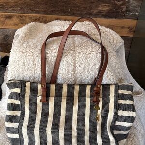 Fossil Rachel black Striped Tote Bag with Brown Handles